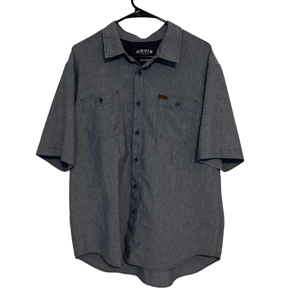 Orvis Short Sleeve Button‎ Down Shirt Men's XL Gray Outdoor Utility Pocket Shirt